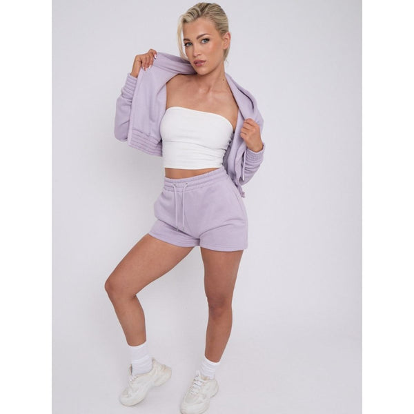 Lilac Crop Zip Hoodie And Shorts Tracksuit Set