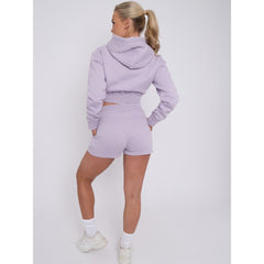 Lilac Crop Zip Hoodie And Shorts Tracksuit Set