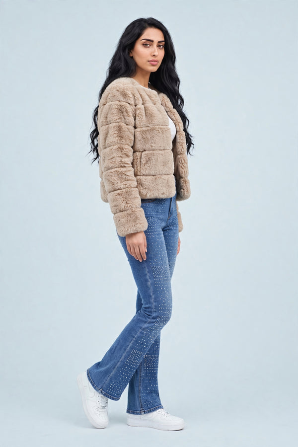 Beige Faux Fur Trimmed Cropped Jacket - Charlotte