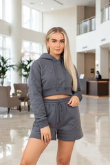 Slate Grey Crucifix Embroidered Cropped Hoodie Shorts Set
