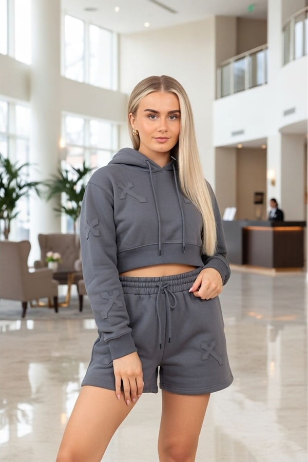 Slate Grey Crucifix Embroidered Cropped Hoodie Shorts Set
