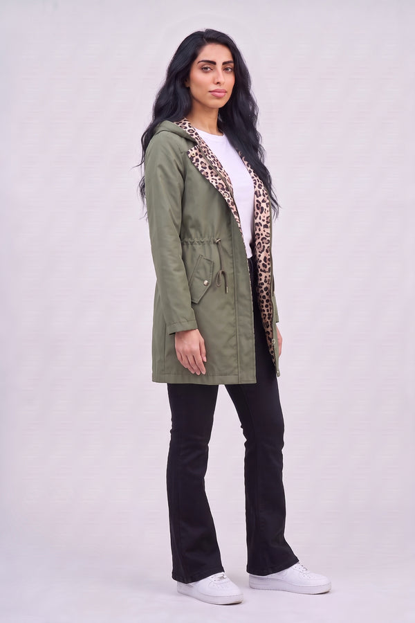 Khaki Leopard-Lined Reversible Hooded Parka Jacket– Olivia
