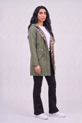 Khaki Leopard-Lined Reversible Hooded Parka Jacket– Olivia