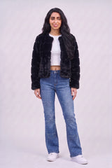 Black Faux Fur Trimmed Cropped Jacket - Charlotte