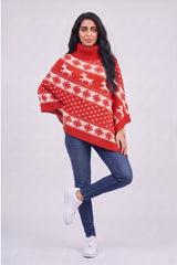Red Festive Fair Isle Reindeer Knitted  Christmas Poncho - Emily