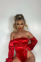 Red Silk Off The Shoulder Tie Front Bodysuit
