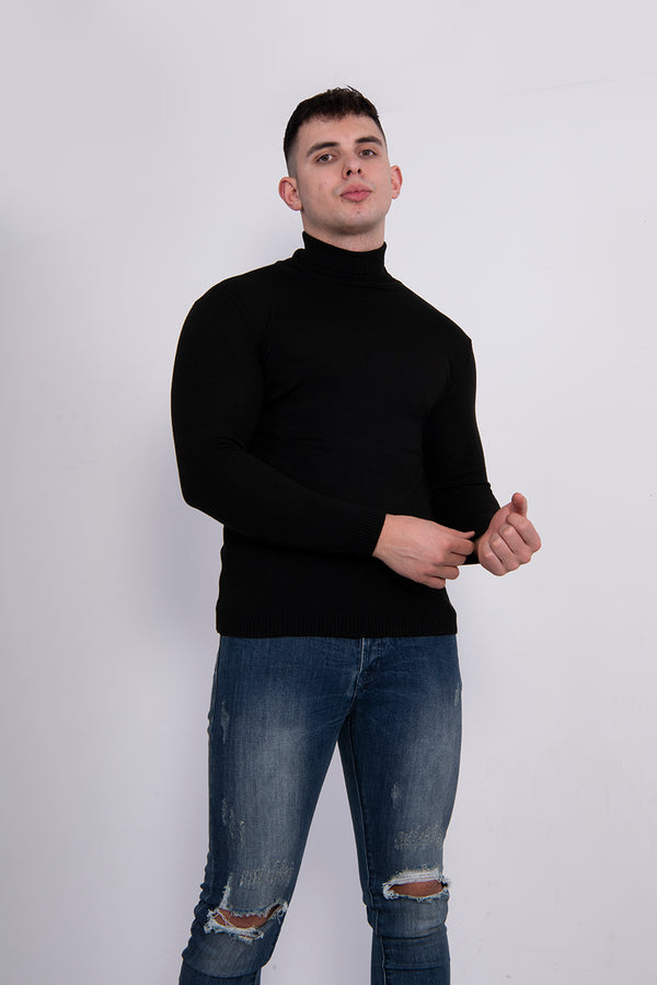 Mens Black Turtle Neck Jumper