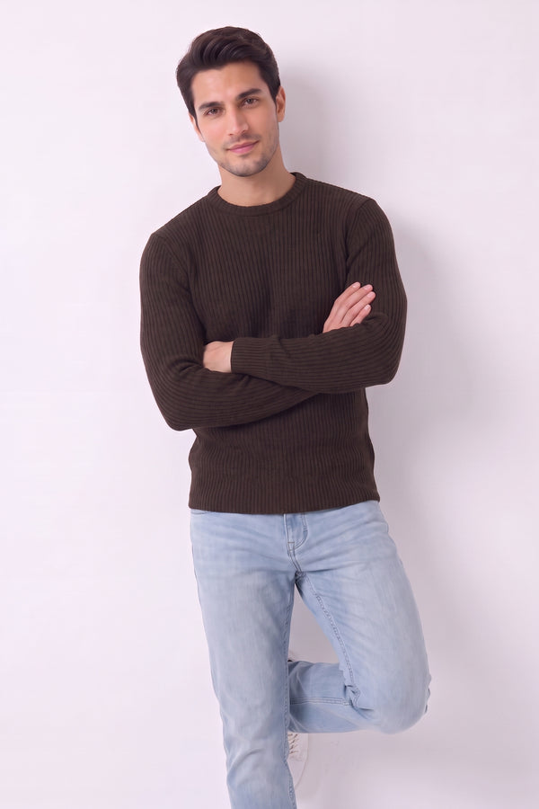 Men’s Chocolate Brown Ribbed Crew Neck Knit Jumper-Ryan