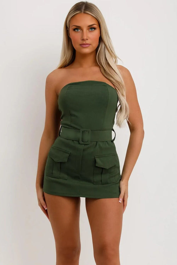 Khaki Cargo Pocket Stretch Fit Belted Skort Playsuit