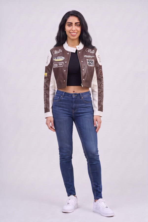 Brown & White Contrast Patch Cropped PU Leather Racer Jacket - Emily