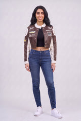 Brown & White Contrast Patch Cropped PU Leather Racer Jacket - Emily