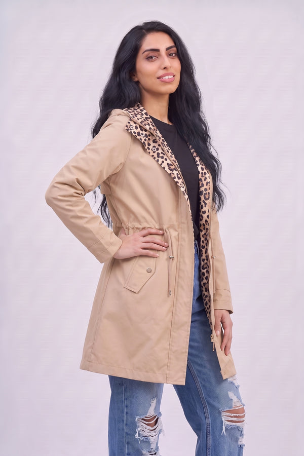 Beige Leopard-Lined Reversible Hooded Parka Jacket– Olivia