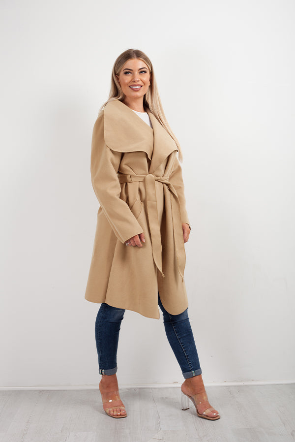 Camel Belted Waterfall Duster Coat