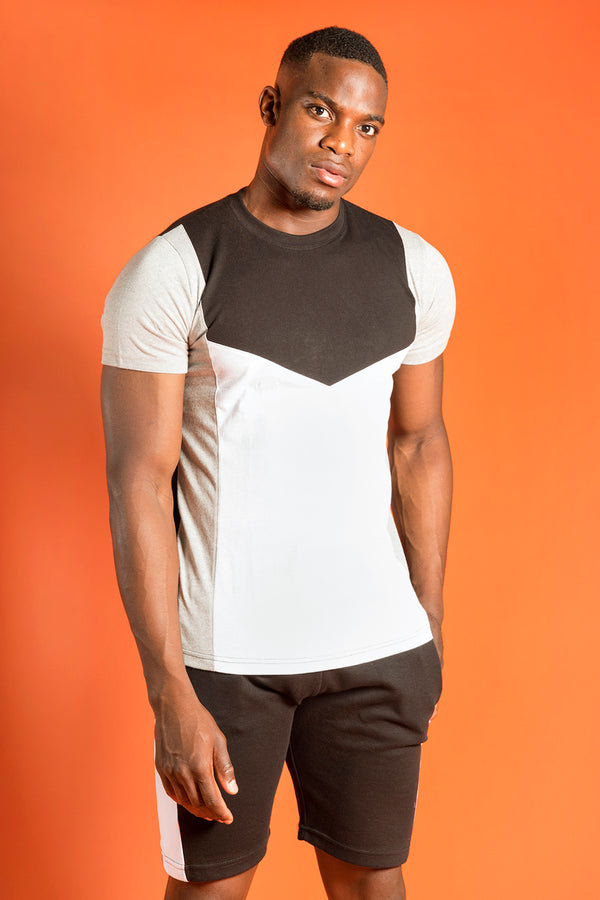 Mens White Colourblock T-Shirt And Shorts Set