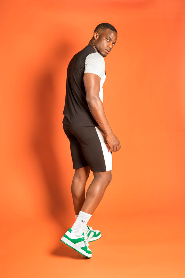 Mens White Colourblock T-Shirt And Shorts Set