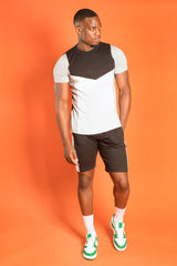 Mens White Colourblock T-Shirt And Shorts Set