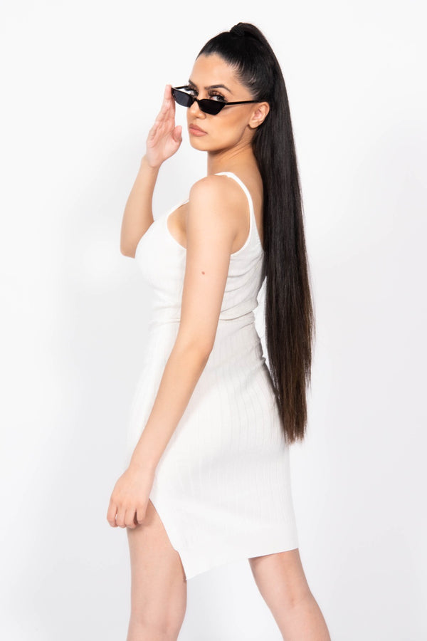 White Ribbed Knitted Bodycon Dress With Side Split