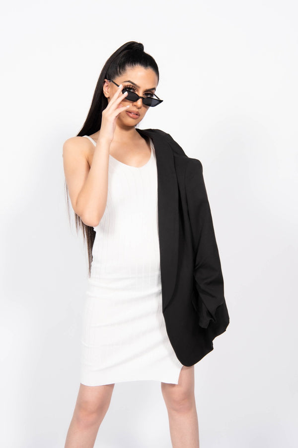 White Ribbed Knitted Bodycon Dress With Side Split