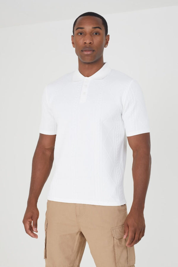 White Mens Lace Textured Buttons Polo Shirt