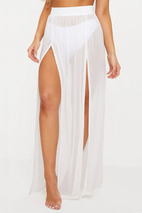 White Mesh High Slit Maxi Skirt
