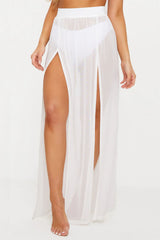 White Mesh High Slit Maxi Skirt