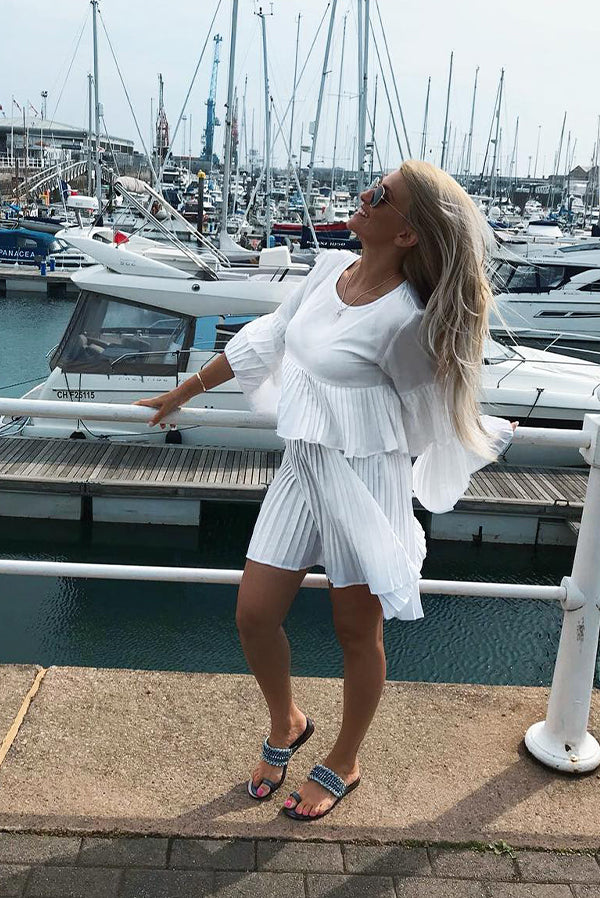 White Pleated Ruffle Mini Dress