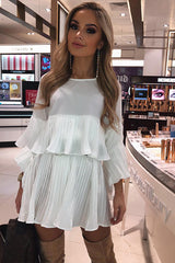 White Pleated Ruffle Mini Dress