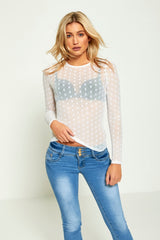 White Polka Dot Mesh Long Sleeve Top