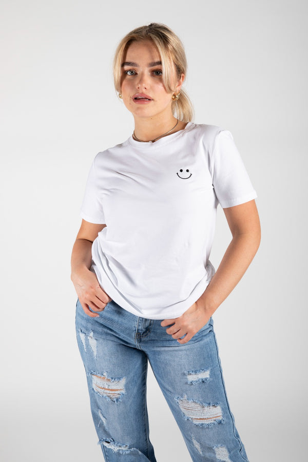 White Cotton Smiley Face Embroidered T-Shirt