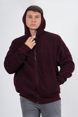 Mens wine zip up hooded teddy jacket
