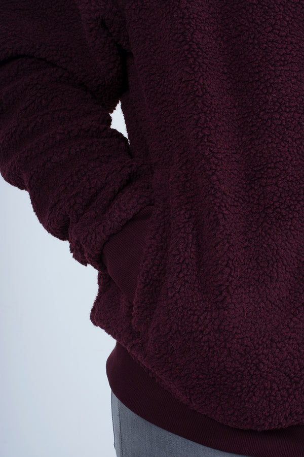 Mens wine zip up hooded teddy jacket