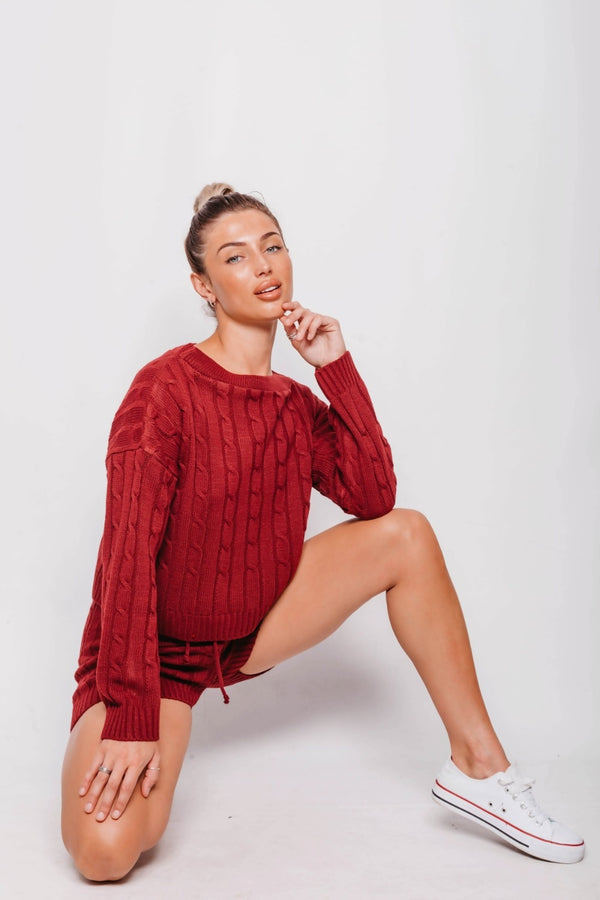 Wine Cable Knit Jumper & Shorts Lounge Set
