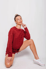 Wine Cable Knit Jumper & Shorts Lounge Set