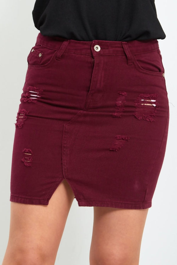 Wine Distressed Denim Skirt