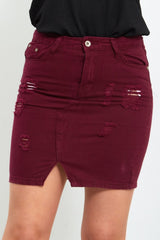 Wine Distressed Denim Skirt