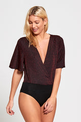 Wine Extreme Plunge Glitter Bodysuit