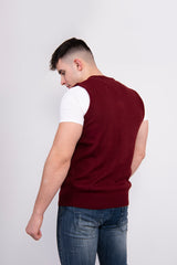Mens Wine Navy V-Neck Sleeveless Knitted Jumper