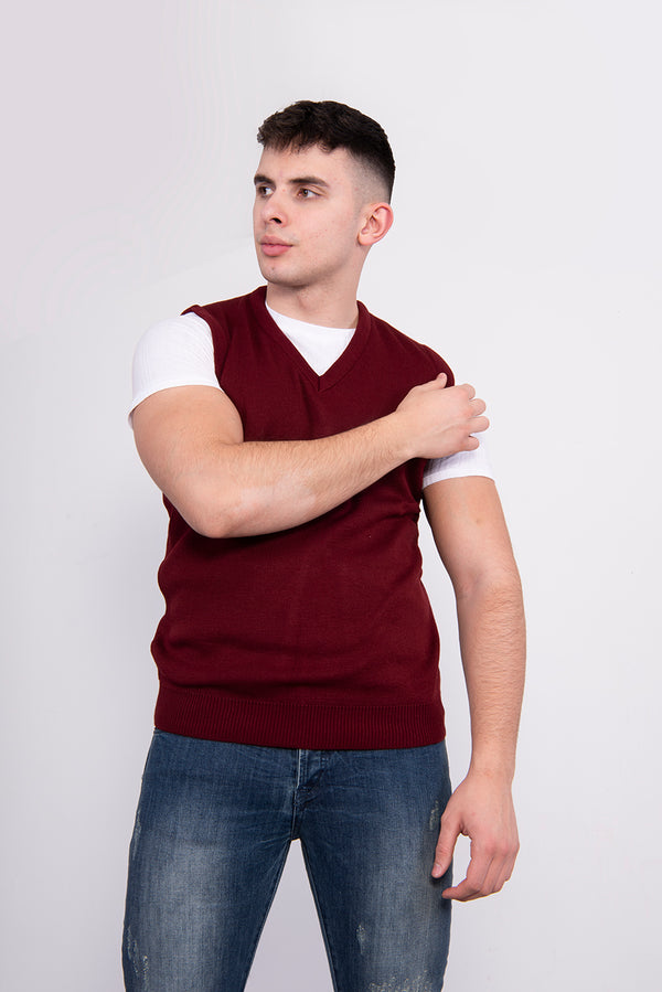 Mens Wine Navy V-Neck Sleeveless Knitted Jumper