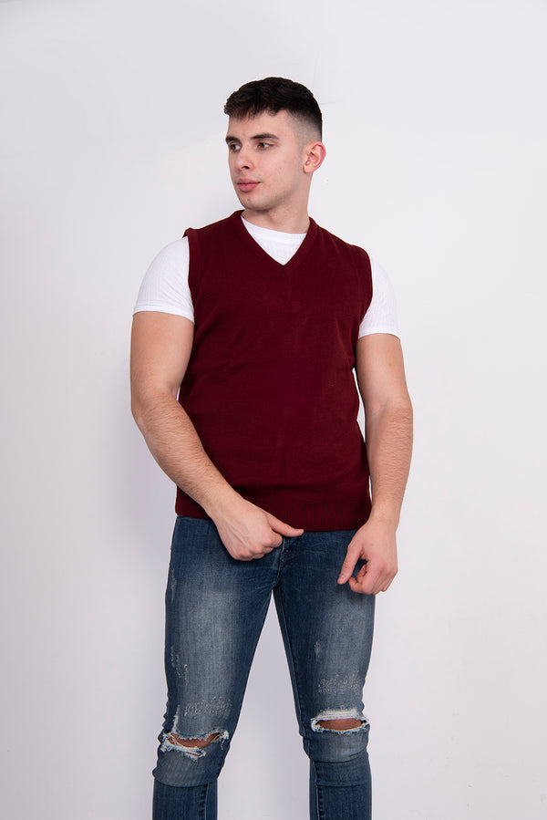Mens Wine Navy V-Neck Sleeveless Knitted Jumper