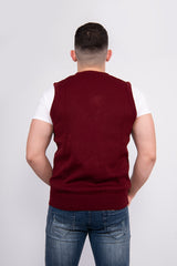 Mens Wine Navy V-Neck Sleeveless Knitted Jumper