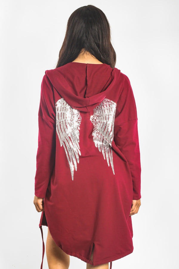 Wine Sequin Angel Wings Hooded Cardigan