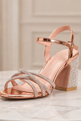 Champagne Diamanté Embellished Strappy Block Heels - Daisy