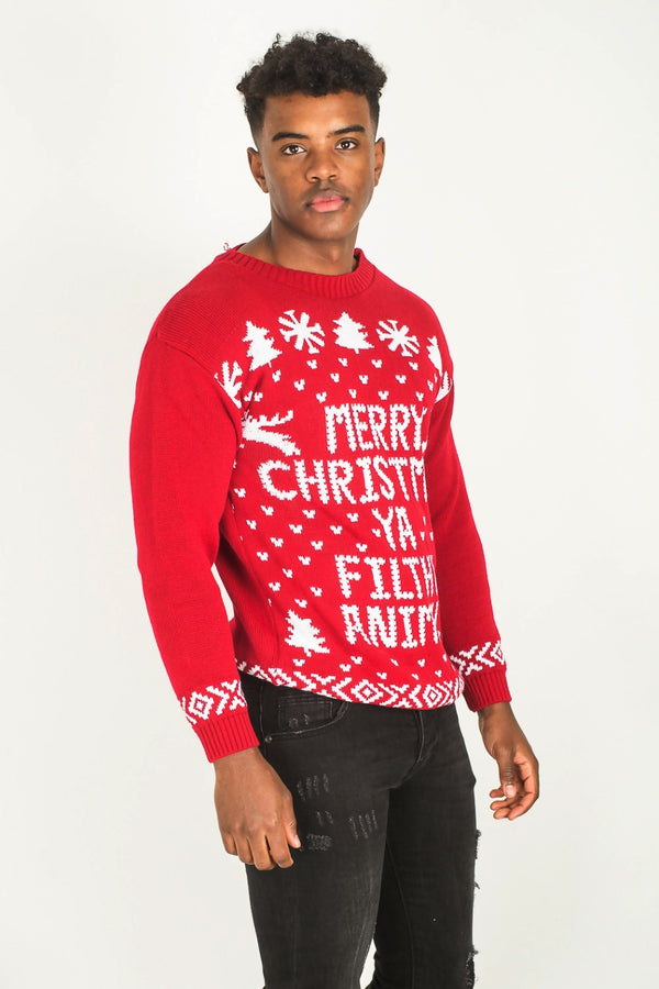 Mens Red Merry Christmas Slogan Knitted Jumper