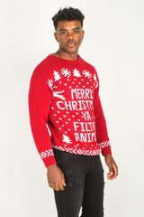 Mens Red Merry Christmas Slogan Knitted Jumper
