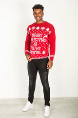 Mens Red Merry Christmas Slogan Knitted Jumper