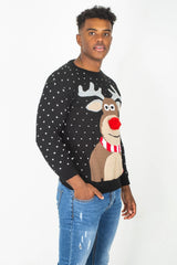 Mens Black Rudolph Pom Nose Christmas Jumper