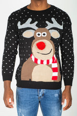 Mens Black Rudolph Pom Nose Christmas Jumper