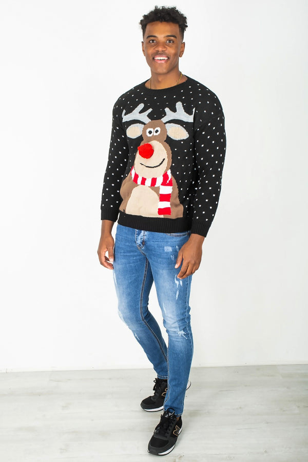 Mens Black Rudolph Pom Nose Christmas Jumper