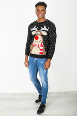 Mens Black Rudolph Pom Nose Christmas Jumper