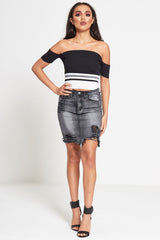grey stone wash distressed stretch denim skirt 